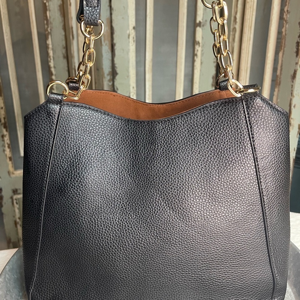 Seven Days Vegan Black Leather Shoulder Bag with Gold Chain